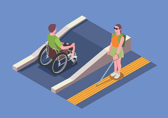 E-Learning Accessibility - a man on a wheelchair moving along the street and a visually impaired girl who is walking with a white cane