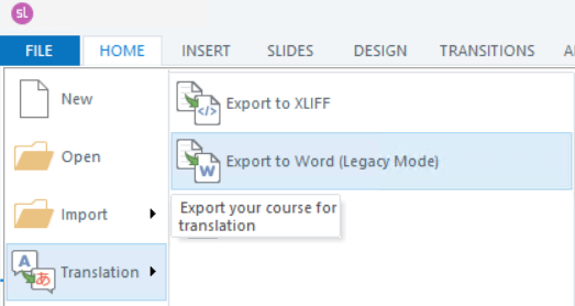 A screenshot showing how to export Storyline translation to Word