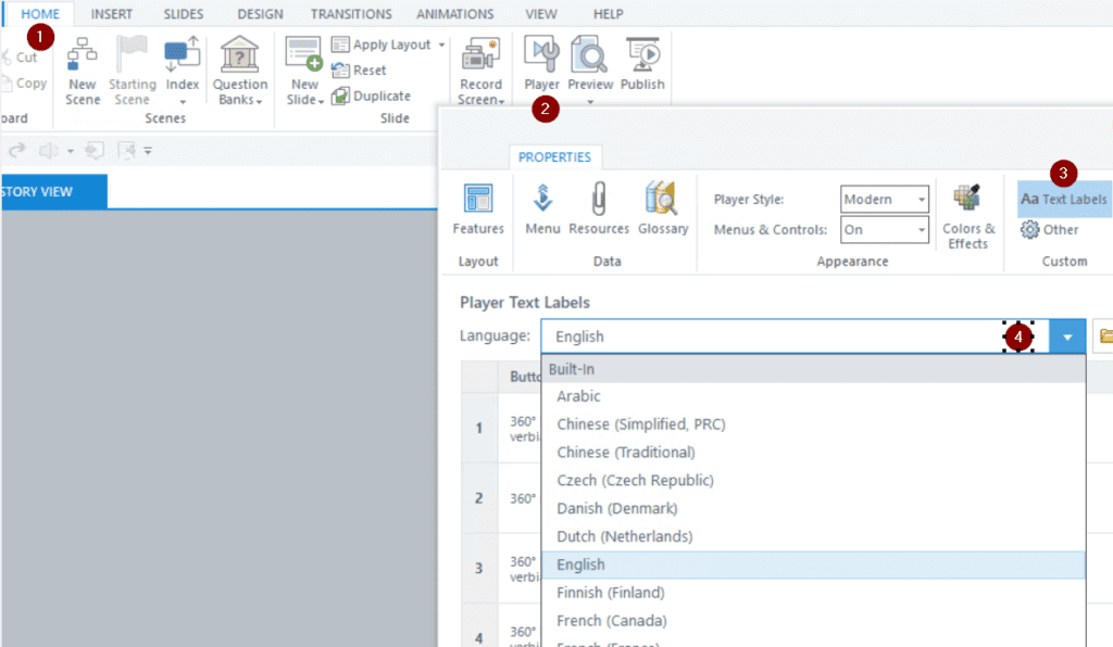 A screenshot showing how to translate navigation interface in Articulate Storyline course. E-learning localization services.