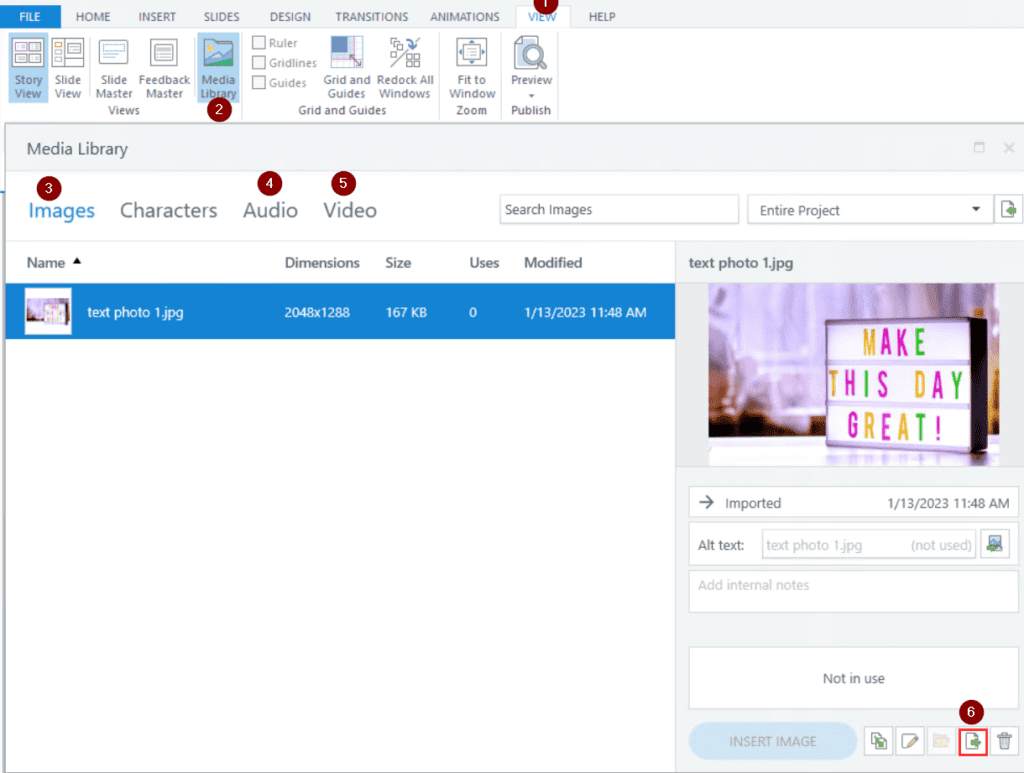 A screenshot showing how to export  localizable multimedia assets from Storyline in order to translate them.